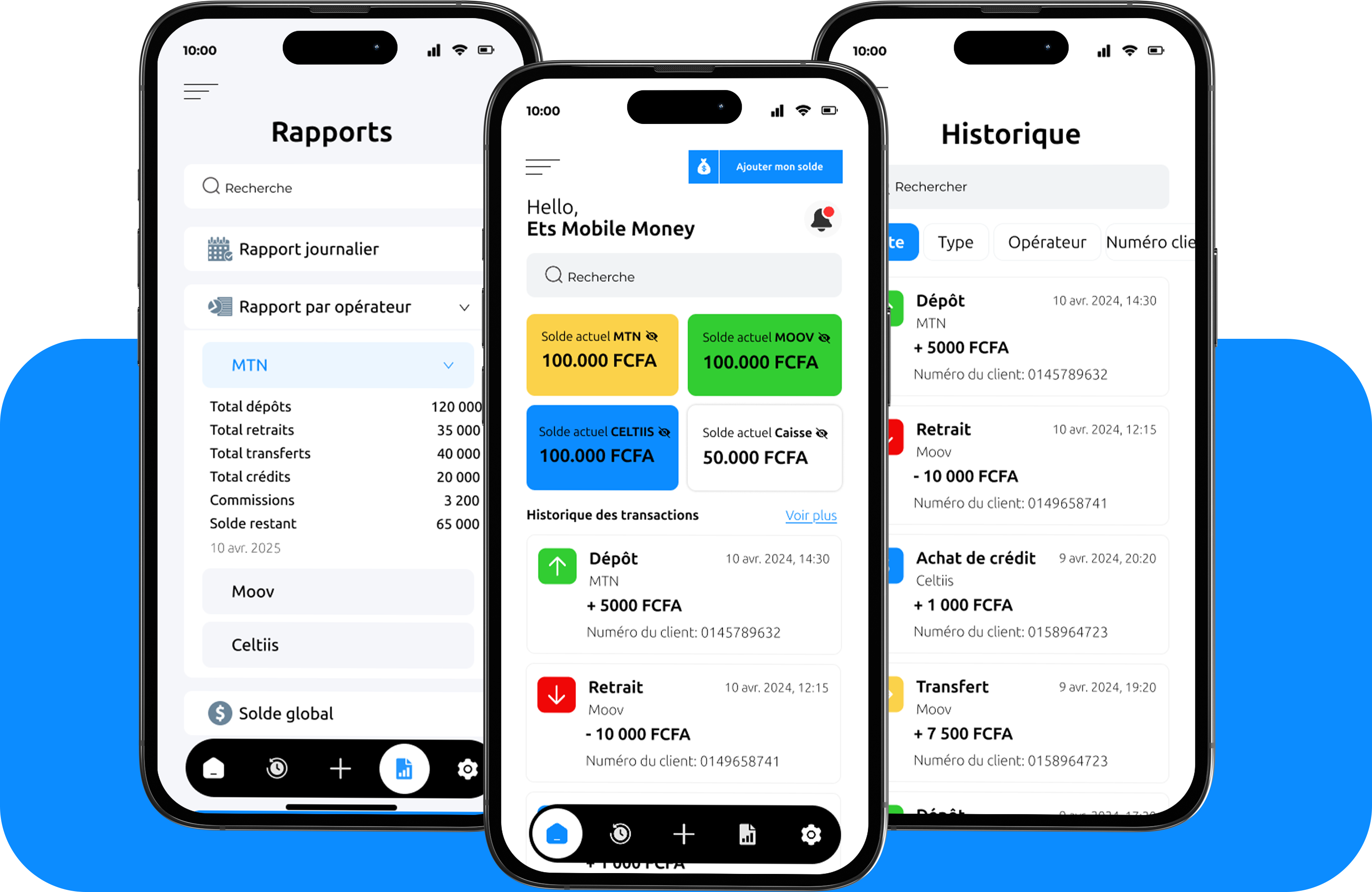 Aperçu de l'application MomoTrans — Rapports, Dashboard et Historique